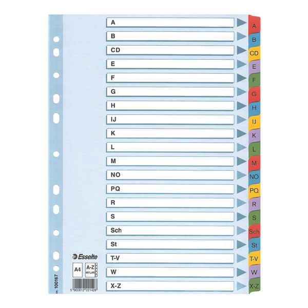 Esselte Register, A4, A-Z 20-teilig, weiß / mehrfarbige Taben, Karton Esselte Register, A4, A-Z 20-teilig, weiß / mehrfarbige Taben, Karton