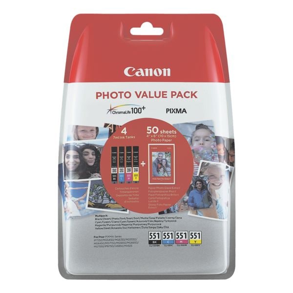Canon Photo Value Pack: Tintenpatronen-Set CLI-551 BK/C/M/Y + Fotoglanzpapier Plus II