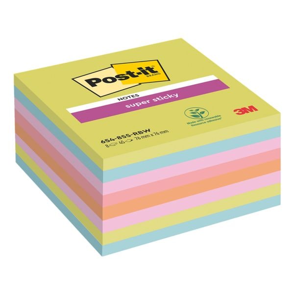 8x Post-it Super Sticky Haftnotizblock Notes 654-8SS-RBW-EU 7,6 x 7,6 cm, 360 Blatt gesamt, farbig sortiert
