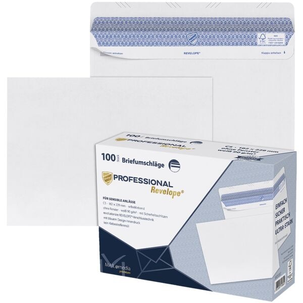 Briefumschläge Mailmedia Professional, C5 ohne Fenster, selbstklebend - 100 Stück 22,9/-/16,2 Briefumschläge Mailmedia Professional, C5 ohne Fenster, selbstklebend - 100 Stück 22,9/-/16,2
