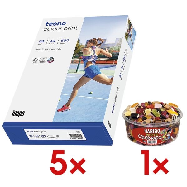 5x Farblaserpapier A4 Inapa tecno Colour Print - 2500 Blatt gesamt inkl. Fruchtgummi »Color-Rado« 5x Farblaserpapier A4 Inapa tecno Colour Print - 2500 Blatt gesamt inkl. Fruchtgummi »Color-Rado«