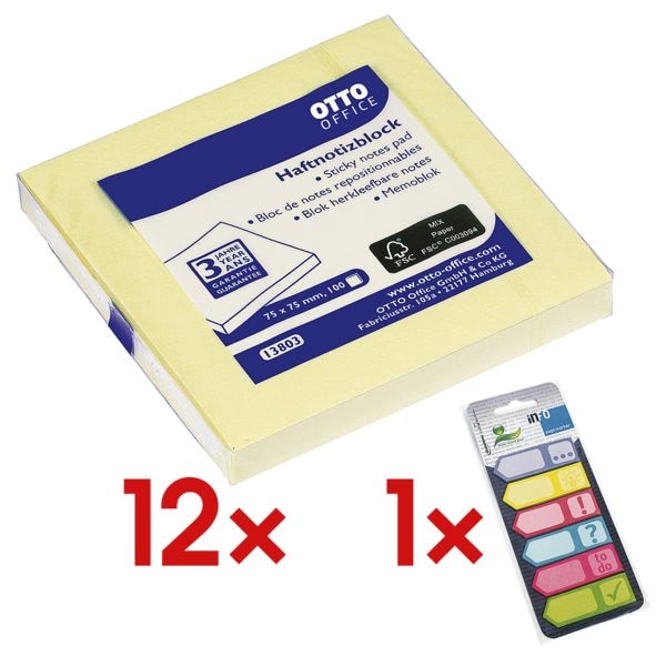 12x OTTO Office Haftnotizblock 7,5 x 7,5 cm, 1200 Blatt gesamt, gelb inkl. Haftmarker 150 Blatt gesamt, Papier, 50 x 18 mm