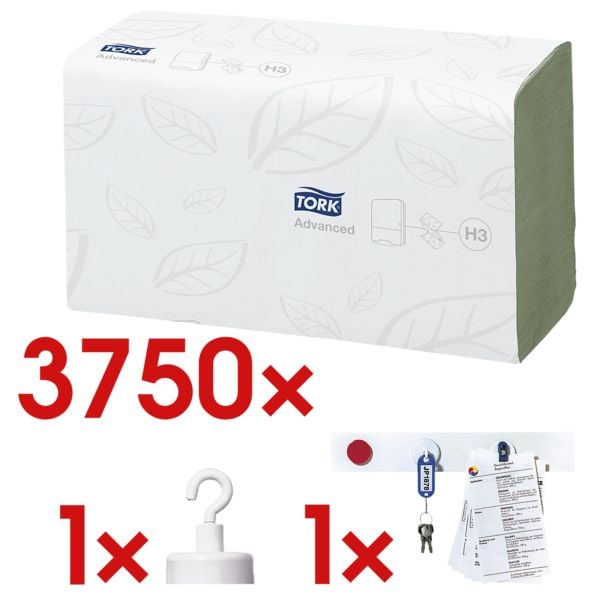 Papierhandtcher Tork ZigZag 2-lagig, grn, 25 cm x 23 cm aus Tissue mit Z-Falzung - 3750 Blatt gesamt inkl. Magnetleiste ST1350 50 cm wei + Magnethaken HM25 Haftkraft 4 kg