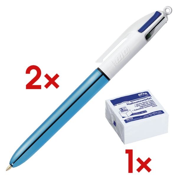 2x Mehrfarb-Kugelschreiber BIC 4 Colours Shine, dokumentenecht, inkl. Haftnotizwürfel weiß 75x75 mm 400 Blatt 2x Mehrfarb-Kugelschreiber BIC 4 Colours Shine, dokumentenecht, inkl. Haftnotizwürfel weiß 75x75 mm 400 Blatt