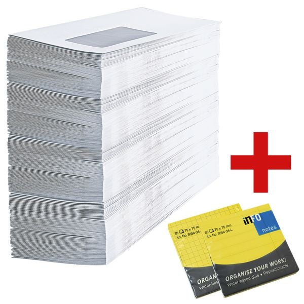 Briefumschläge, DL 75 g/m² mit Fenster - 1000 Stück inkl. Haftnotizblock 75 x 75 mm, kariert + Haftnotizblock 75 x 75 mm, liniert Briefumschläge, DL 75 g/m² mit Fenster - 1000 Stück inkl. Haftnotizblock 75 x 75 mm, kariert + Haftnotizblock 75 x 75 mm, liniert
