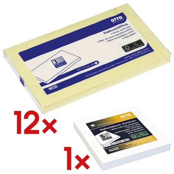 12x OTTO Office 12,5 x 7,5 cm, 1200 Blatt gesamt, gelb inkl. Haftnotizblock 75 x 75 mm weiß 12x OTTO Office 12,5 x 7,5 cm, 1200 Blatt gesamt, gelb inkl. Haftnotizblock 75 x 75 mm weiß