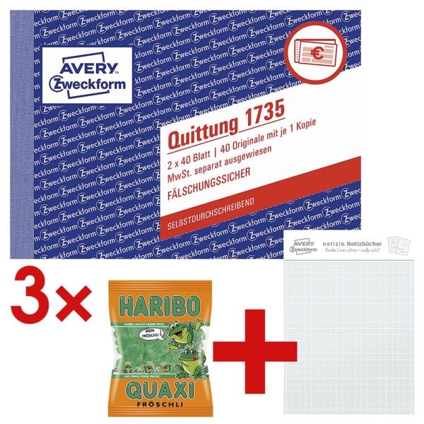 Avery Zweckform 3x Formularbuch »Quittung, MwSt. separat mit Netto-Brutto« inkl. Musterblock »Notizio« und Fruchtgummi »Quaxi Fröschli« Avery Zweckform 3x Formularbuch »Quittung, MwSt. separat mit Netto-Brutto« inkl. Musterblock »Notizio« und Fruchtgummi »Quaxi Fröschli«