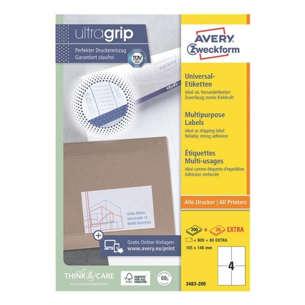 Avery Zweckform 880er-Pack Universal-Etiketten mit ultragrip 3483-200