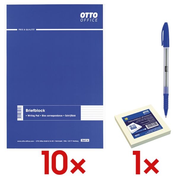 10x OTTO Office Briefblock, A4, kariert, 500 Blatt inkl. Haftnotizblock 75 x 75 mm + Einweg-Kugelschreiber »Eco Stick«