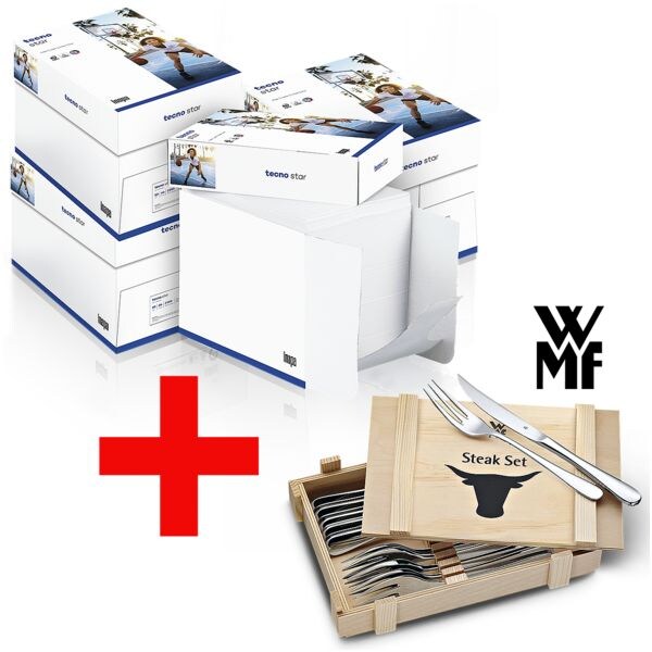 4x Öko-Box Kopierpapier A4 Inapa tecno Star inkl. 12-teiliges Steakbesteck-Set »Nuova« mit Holzkiste 4x Öko-Box Kopierpapier A4 Inapa tecno Star inkl. 12-teiliges Steakbesteck-Set »Nuova« mit Holzkiste