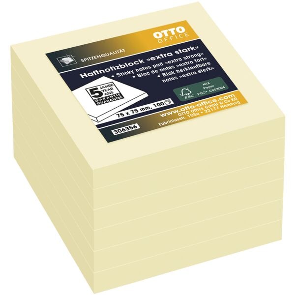 6x OTTO Office Premium Haftnotizblock extra stark 7,5/7,5 cm, 600 Blatt gesamt, gelb
