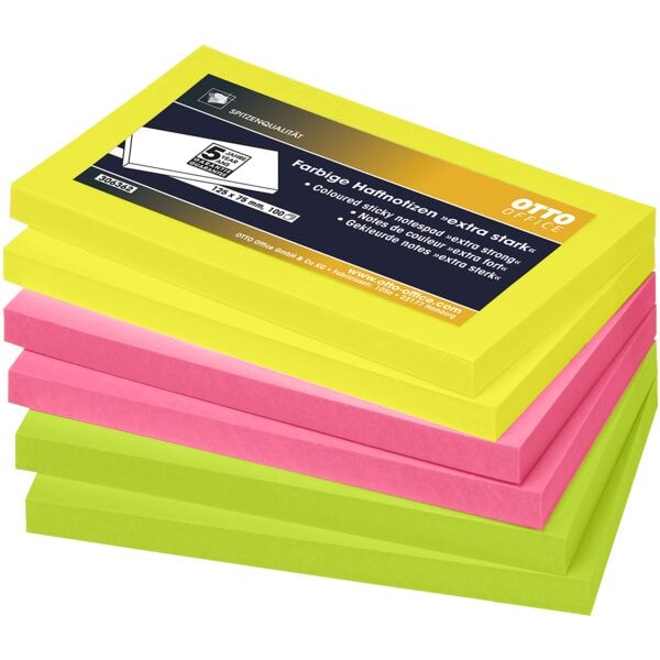 6x OTTO Office Premium Haftnotizblock extra stark 12,5/7,5 cm, 600 Blatt gesamt, farbig sortiert