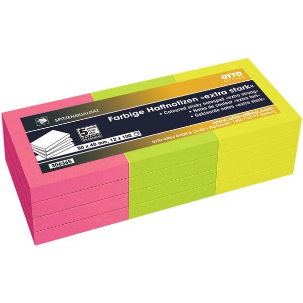 12x OTTO Office Premium Haftnotizblock extra stark 5,0/4,0 cm, 1200 Blatt gesamt, farbig sortiert