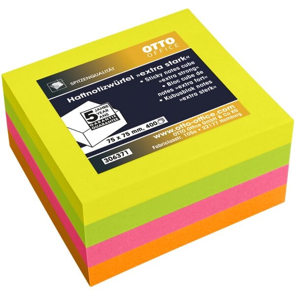 OTTO Office Premium Haftnotizwürfel extra stark 7,5/7,5 cm, 400 Blatt gesamt, farbig sortiert