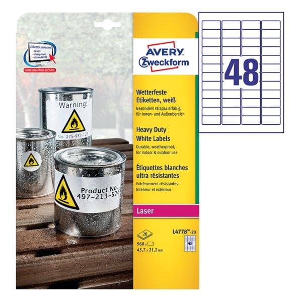 Avery Zweckform Wetterfeste weie Folien-Etiketten 45,7x21,2 mm L4778-20