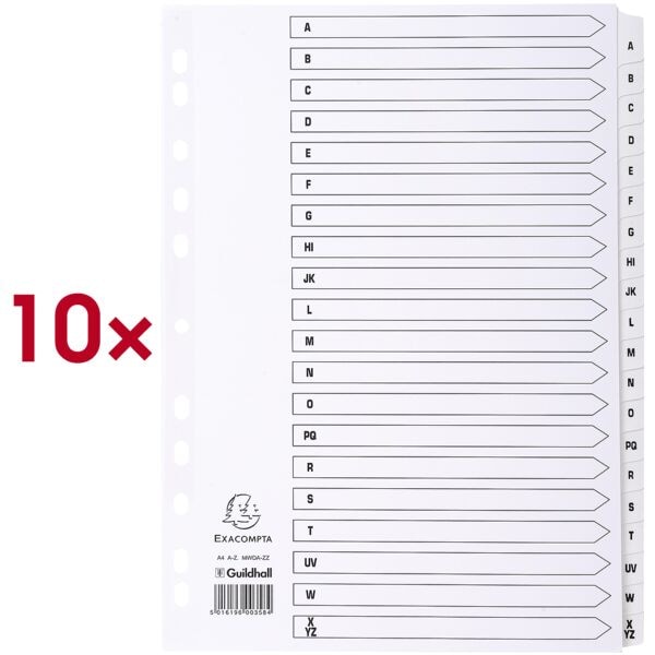 10x Exacompta Register, A4, A-Z 20-teilig, wei, Karton