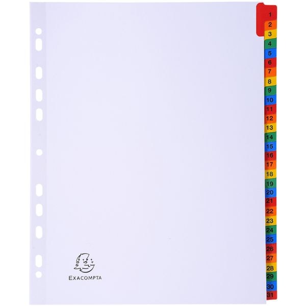 10x Exacompta Register, A4 berbreit, 1-31 31-teilig, wei / mehrfarbige Taben, Karton