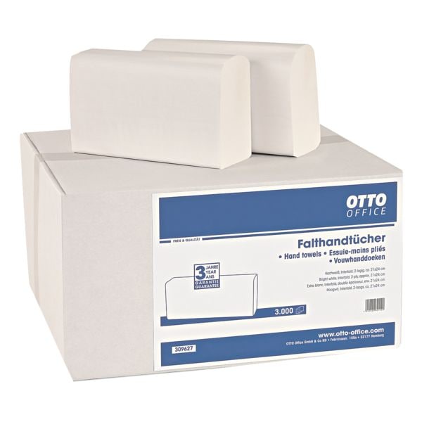 Papierhandtücher OTTO Office 2-lagig, hochweiß, 21 cm x 24 cm aus Zellstoff mit I-Falzung - 3000 Blatt gesamt Papierhandtücher OTTO Office 2-lagig, hochweiß, 21 cm x 24 cm aus Zellstoff mit I-Falzung - 3000 Blatt gesamt