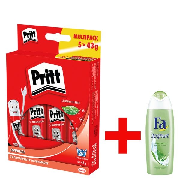 Pritt 5er-Pack Klebestifte Stick   43 g inkl. Duschgel Joghurt & Aloe Vera