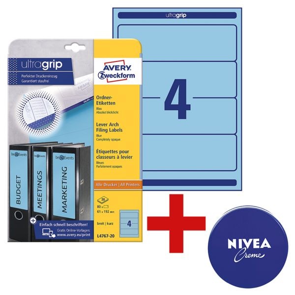 Avery Zweckform Selbstklebende Ordnerrücken-Etiketten inkl. Nivea Creme Avery Zweckform Selbstklebende Ordnerrücken-Etiketten inkl. Nivea Creme