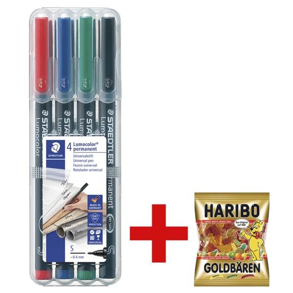 STAEDTLER Universalstift Lumocolor permanent - Rundspitze, Strichstärke 0,4 mm (S) inkl. Fruchtgummi »Goldbären« 200 g STAEDTLER Universalstift Lumocolor permanent - Rundspitze, Strichstärke 0,4 mm (S) inkl. Fruchtgummi »Goldbären« 200 g