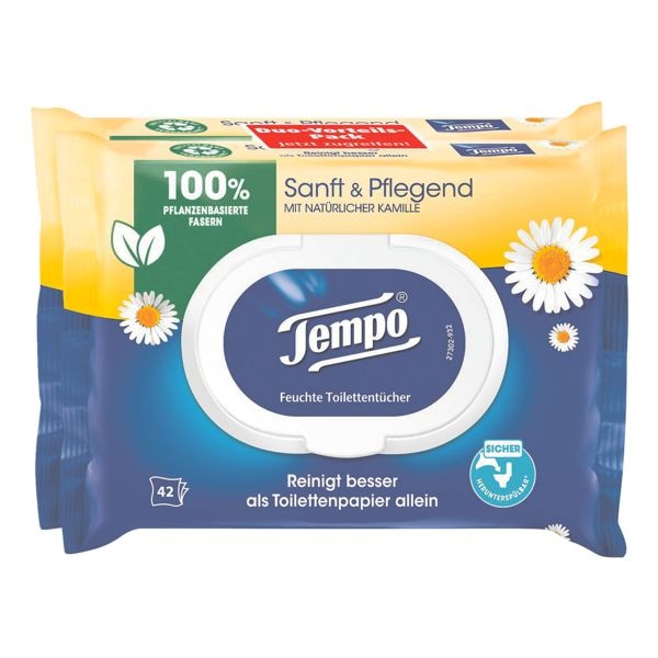 Tempo Doppelpack Feuchtes Toilettenpapier Sanft & Pflegend 1-lagig, wei - 2x42 Blatt