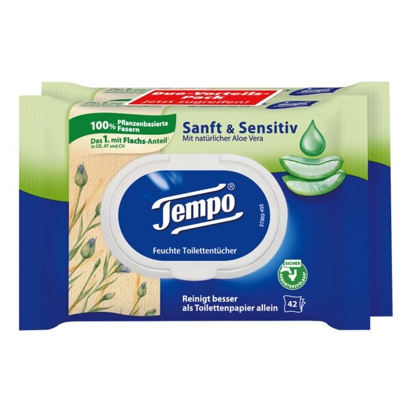 Tempo Doppelpack Feuchtes Toilettenpapier Sanft & Sensitiv 1-lagig, wei - 2x42 Blatt