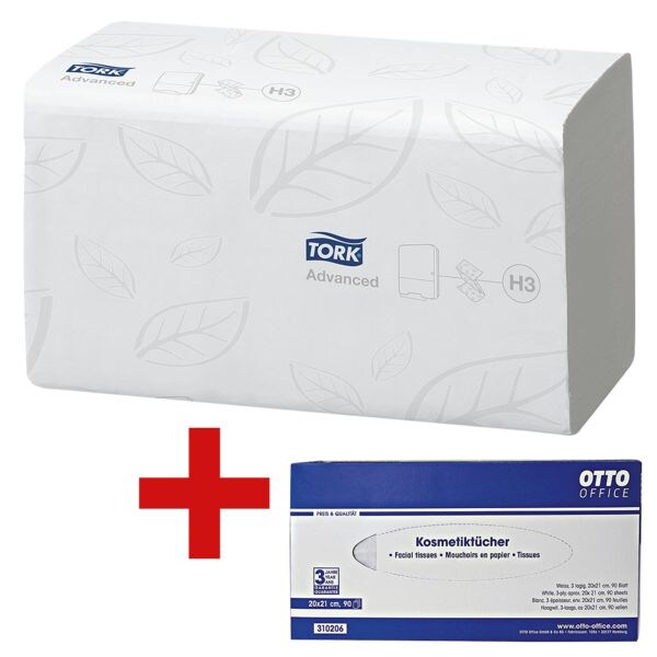 Papierhandtcher Tork Advanced 2-lagig, hochwei, 25 cm x 23 cm aus Tissue mit Z-Falzung - 3750 Blatt gesamt inkl. Kosmetiktcherbox, 90 Tcher