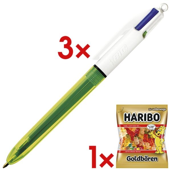 3x Mehrfarb-Kugelschreiber BIC 4 Colours Fluo, dokumentenecht, inkl. Fruchtgummi »Goldbären« 3x Mehrfarb-Kugelschreiber BIC 4 Colours Fluo, dokumentenecht, inkl. Fruchtgummi »Goldbären«
