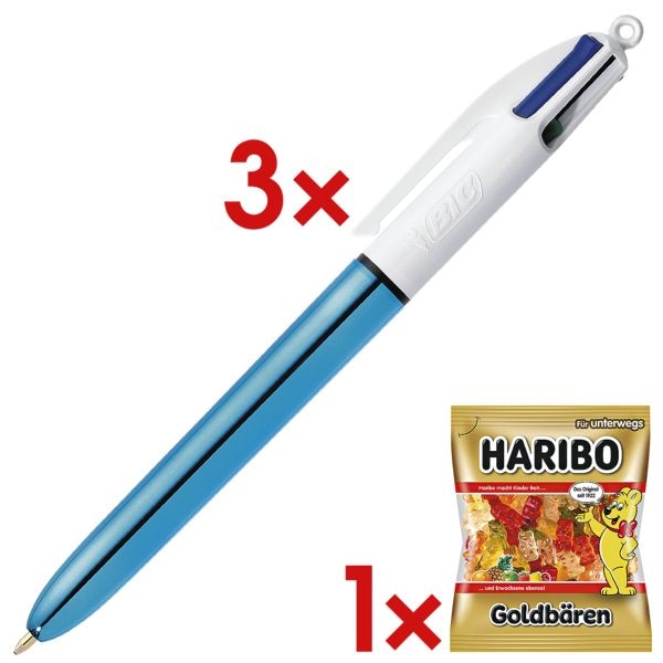 3x Mehrfarb-Kugelschreiber BIC 4 Colours Shine, dokumentenecht, inkl. Fruchtgummi »Goldbären« 3x Mehrfarb-Kugelschreiber BIC 4 Colours Shine, dokumentenecht, inkl. Fruchtgummi »Goldbären«