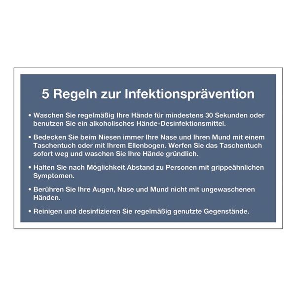 Aufkleber / Hinweisschild 5 Regeln zur Infektionsprvention 20 x 12 cm, 10 Stck