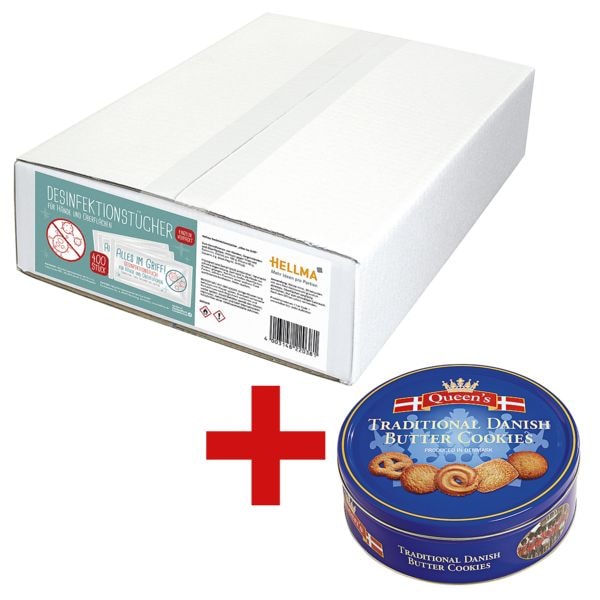 Hellma 400er-Pack einzeln verpackte Desinfektionstücher »Alles im Griff« inkl. Butterkekse Queen`s »Danish Butter Cookies« Hellma 400er-Pack einzeln verpackte Desinfektionstücher »Alles im Griff« inkl. Butterkekse Queen`s »Danish Butter Cookies«