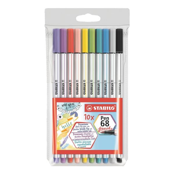 Stabilo 10er-Pack Faserschreiber Pen 68 brush, Premium-Filzstift mit flexibler Pinselspitze (Brush Pen)