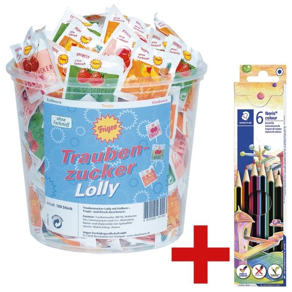Frigeo 100er-Pack Traubenzucker-Lollys inkl. 6er-Pack Buntstifte »Noris Colour« Frigeo 100er-Pack Traubenzucker-Lollys inkl. 6er-Pack Buntstifte »Noris Colour«