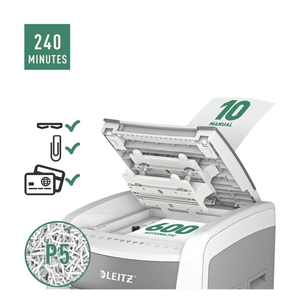 Aktenvernichter LEITZ IQ Autofeed Office Pro 600, Sicherheitsstufe 5, Mikroschnitt (2 x 15 mm), bis 600 Blatt