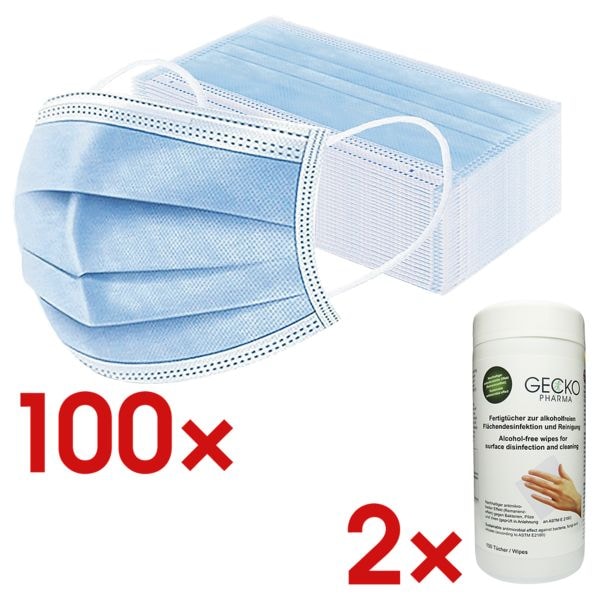 2x 50er-Pack Medizinische Mund-Nase-Masken Typ II R inkl. 2x Flächendesinfektion-Fertigtücher 2x 50er-Pack Medizinische Mund-Nase-Masken Typ II R inkl. 2x Flächendesinfektion-Fertigtücher
