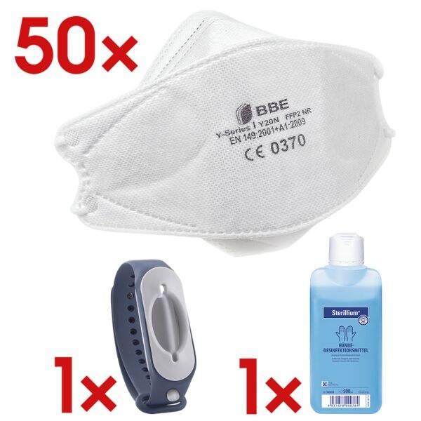 BBE Solutions 50er-Pack FFP2 Maske 3-Panel-Design »Y-Serie Y20N« ohne Ventil inkl. Desinfektions-Armband »Cleanbrace« inkl. Handdesinfektionsmittel »Sterillium®« 500 ml BBE Solutions 50er-Pack FFP2 Maske 3-Panel-Design »Y-Serie Y20N« ohne Ventil inkl. Desinfektions-Armband »Cleanbrace« inkl. Handdesinfektionsmittel »Sterillium®« 500 ml