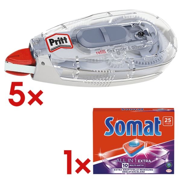 5x Pritt Nachfüllbarer Korrekturroller Refill Flex, 6 mm / 12 m inkl. Geschirrspültabs »Somat All in 1 Extra« 5x Pritt Nachfüllbarer Korrekturroller Refill Flex, 6 mm / 12 m inkl. Geschirrspültabs »Somat All in 1 Extra«