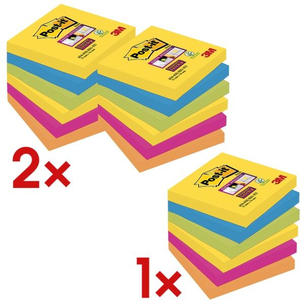 2+1 Post-it 7,6 x 7,6 cm Super Sticky »Rio de Janeiro« Haftnotizblock, 1620 Blatt gesamt, farbig sortiert 6546SR 2+1 Promo 2+1 Post-it 7,6 x 7,6 cm Super Sticky »Rio de Janeiro« Haftnotizblock, 1620 Blatt gesamt, farbig sortiert 6546SR 2+1 Promo