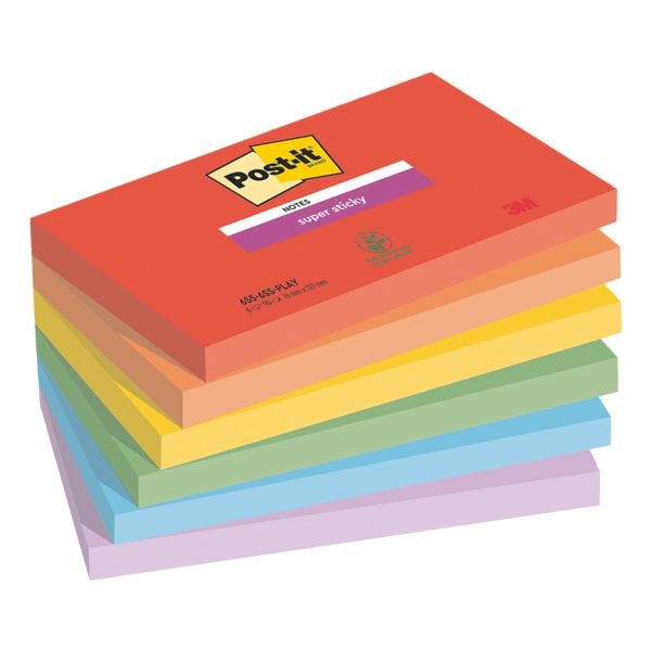 6x Post-it Super Sticky Haftnotizblock Playful Collection 12,7 x 7,6 cm, 540 Blatt gesamt, Intensivfarben 655-6SS-PLAY