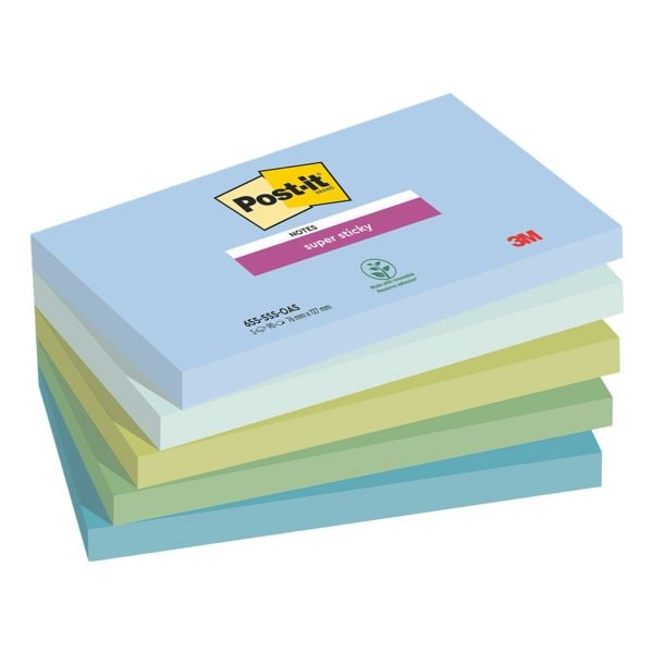 5x Post-it Super Sticky Haftnotizblock Oasis Collection 12,7 x 7,6 cm, 450 Blatt gesamt, Farbmix 655-5SS-OAS