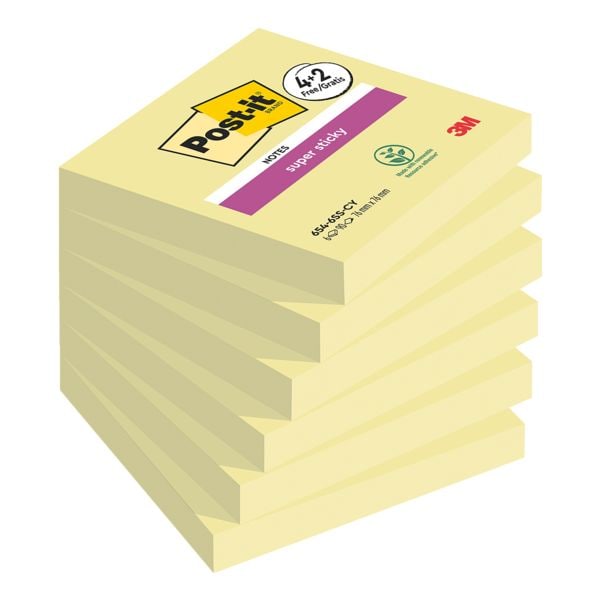 4+2 Post-it Super Sticky Haftnotizblock Notes 7,6 x 7,6 cm, 540 Blatt gesamt, gelb 654-SSCY-P4+2
