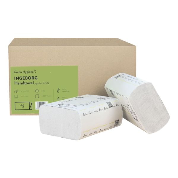 Papierhandtcher Green Hygiene Ingeborg CO₂ neutral produziert 2-lagig, hochwei, 21 cm x 24 cm aus Recycling-Tissue aus 100% Altpapier mit I-Falzung - 3000 Blatt gesamt