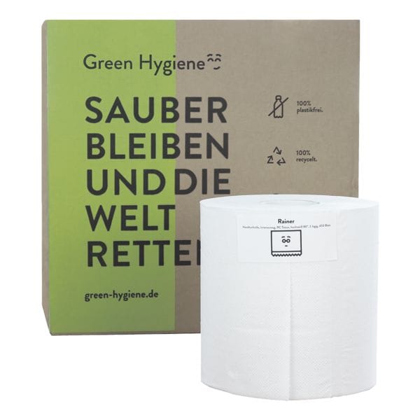 8x Handtuchrolle Green Hygiene Rainer CO₂ neutral produziert 2-lagig, hochwei, 19,3 cm x 25 cm aus Recycling-Tissue aus 100% Altpapier - 3600 Blatt gesamt