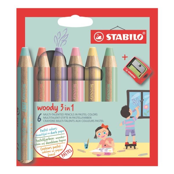 Stabilo 6er-Pack Buntstifte woody 3 in 1 Pastell inkl. Anspitzer