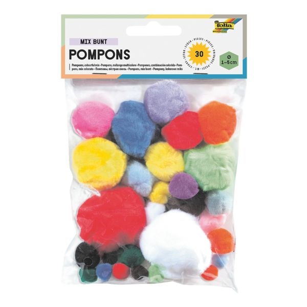 folia 30er-Pack Pompons MIX BUNT 1 - 5 cm - 10 Farben