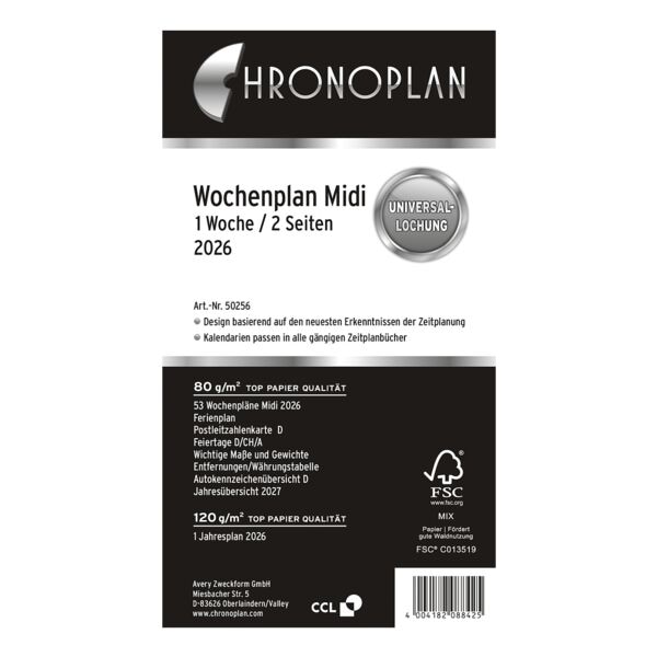 Chronoplan Kalendereinlage Wochenplan 2026 Midi 1 Woche / 2 Seiten