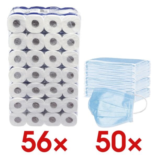 OTTO Office Toilettenpapier 3-lagig, wei - 56 Rollen (7 Pack  8 Rollen) inkl. 50er-Pack medizinische Maske Typ II HYGOSTAR 3-lagig blau