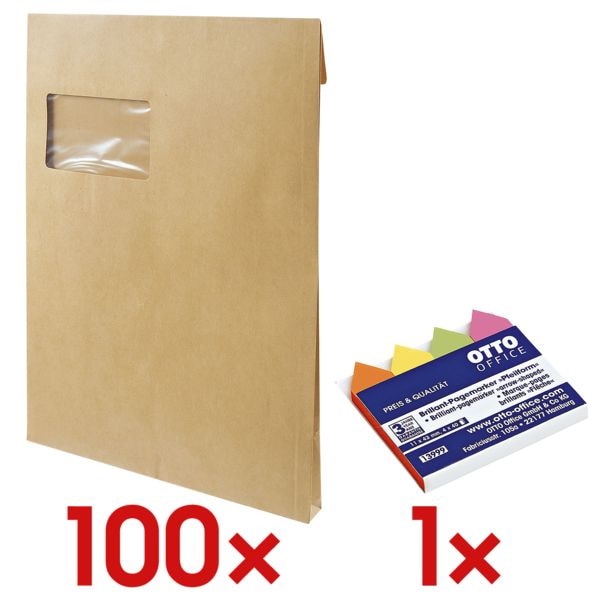 Mailmedia 100 Faltentaschen mit Steh-/Klotzboden, C4 mit Fenster inkl. Pagemarker Pfeil 43 x 11 mm