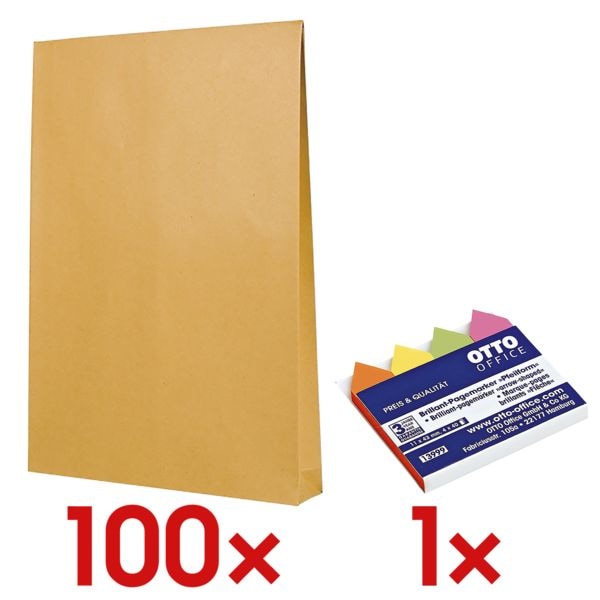Mailmedia 100 Faltentaschen mit Steh-/Klotzboden, C4 ohne Fenster inkl. Pagemarker Pfeil 43 x 11 mm